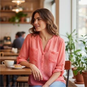 NWT Apt. 9 Coral animal print v-neck popover top with roll-tab sleeves